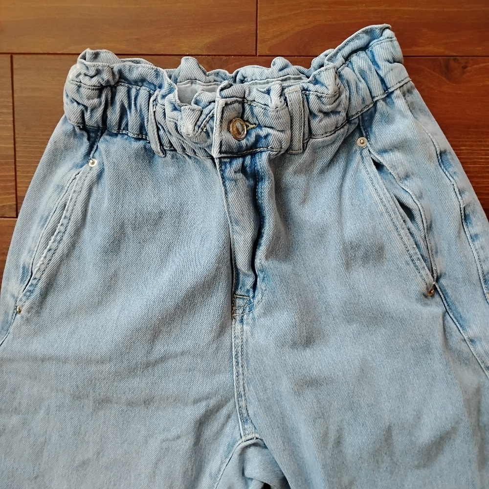 Zara Size 2 Baggy Light Blue Denim with Ruffled Waist, Women's 100% Cotton Jeans